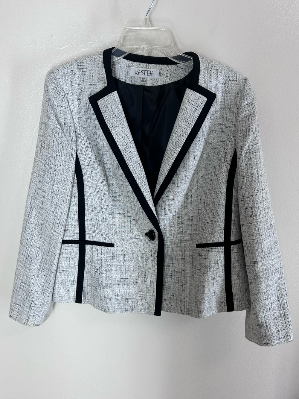 KASPER Womens Gray Tweed Blazer Jacket Single Button Black Trim Size 14P Petite